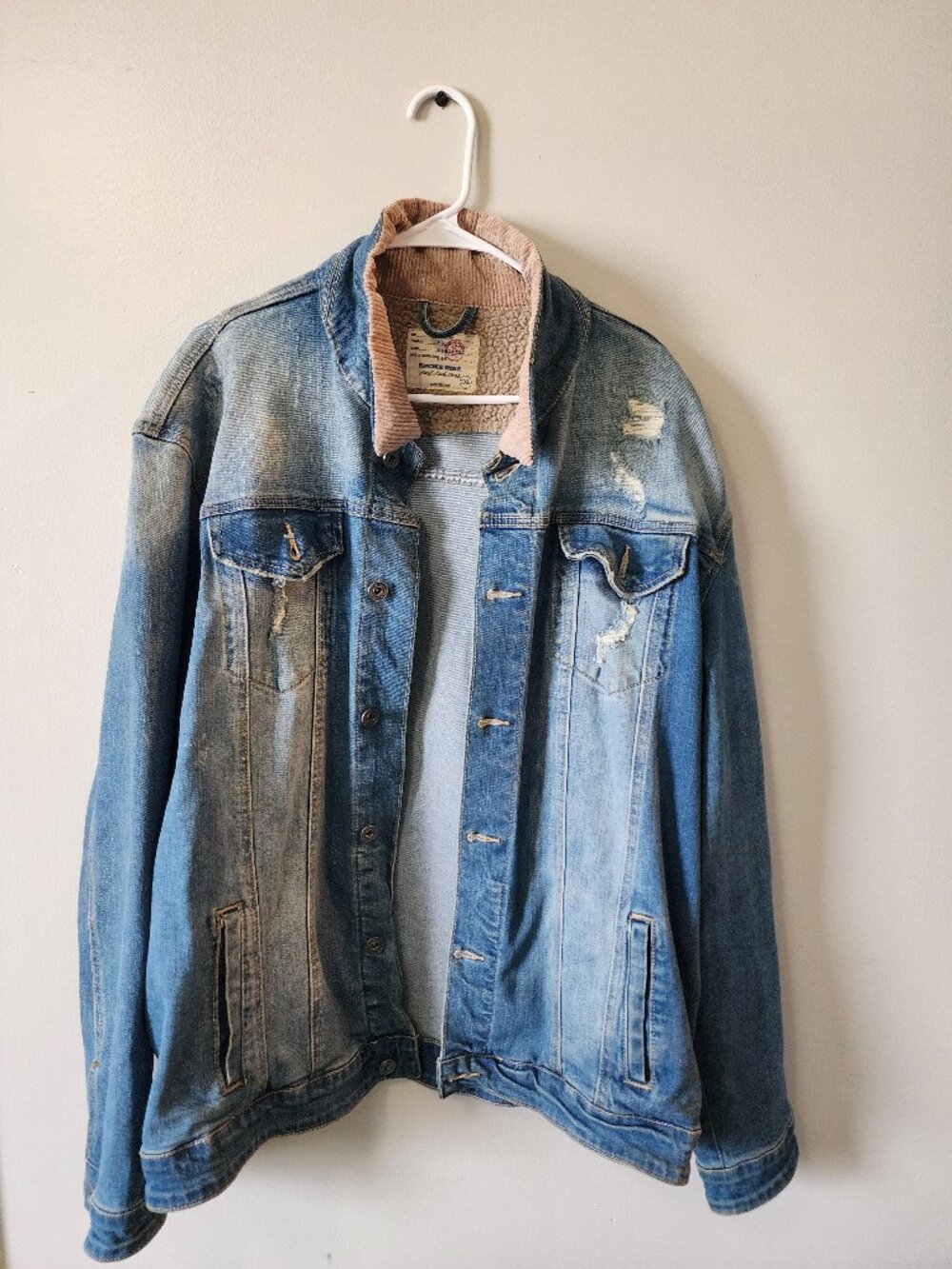 Smoke Rise Men’s 3XL Sherpa Lined Distressed Denim Trucker Jacket Corduroy